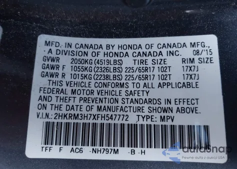 2015 Honda Cr-V Ex-L из США, поврежденный, VIN 2HKRM3H7XFH547772